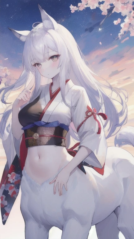 (best quality, masterpiece), 1 girl, centaur, It takes, White skin, Japanese , exposing the abdomen,belly button t-shirt, 아름다운 소녀 perfect wolf photo, perfect wolf photo