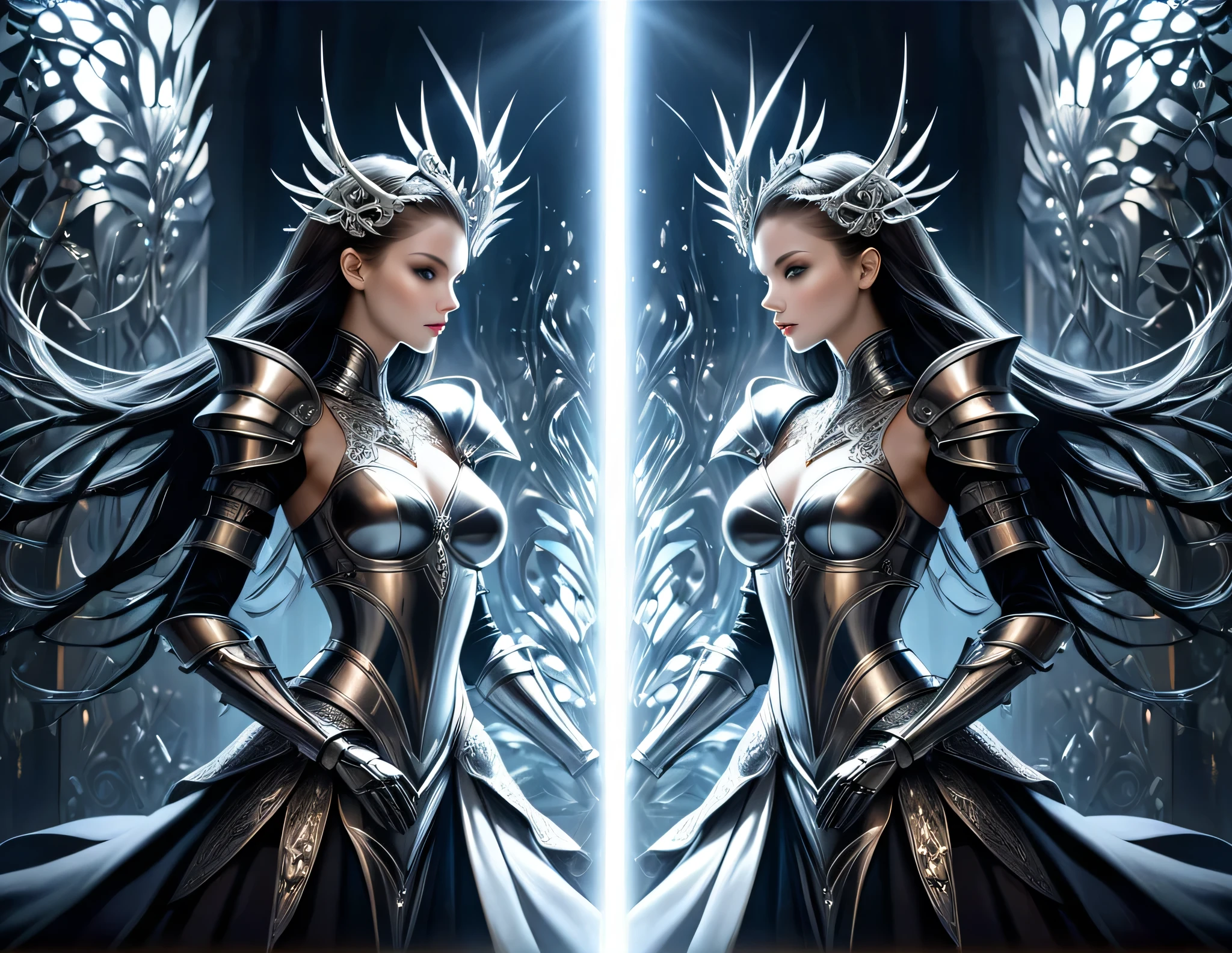 symmetry shadow warrior elegance, dark fantasy realism, mythical beautiful with gothic queen knight, sharp gaze illusion coating, backdrop glass and metallic, lighting, highest quality, (((intricate detailed:1.3))), elaborate bush stroke, adding fantastic elements, beautiful detail back glow, smooth and flawless skin, intricate and elaborate armor and sword,