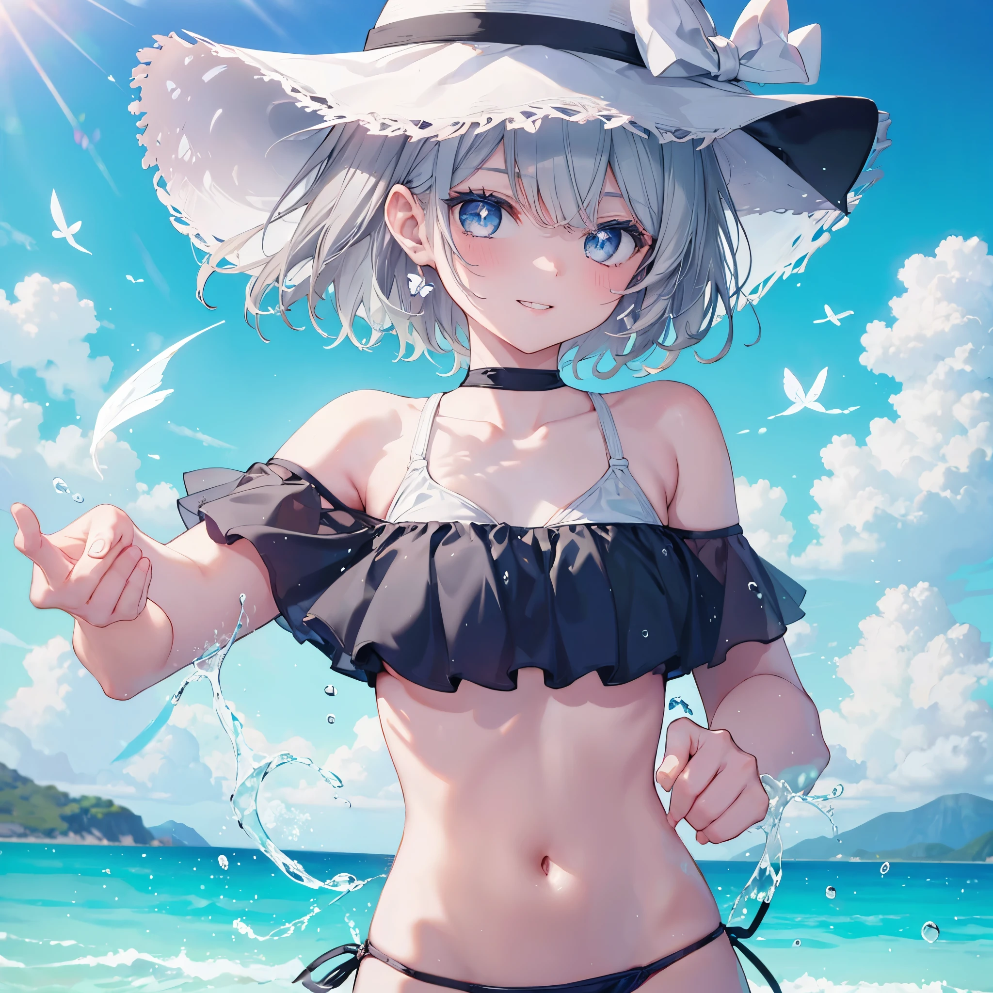 ((((Fluttering swimsuit　Ocean))))　(((Gray Hair　short hair　blue eyes　woman)))，((Splash　sun　cloud))，(Wearing a hat　black　smile)，　Showing teeth　Shining Background　Shining Edges