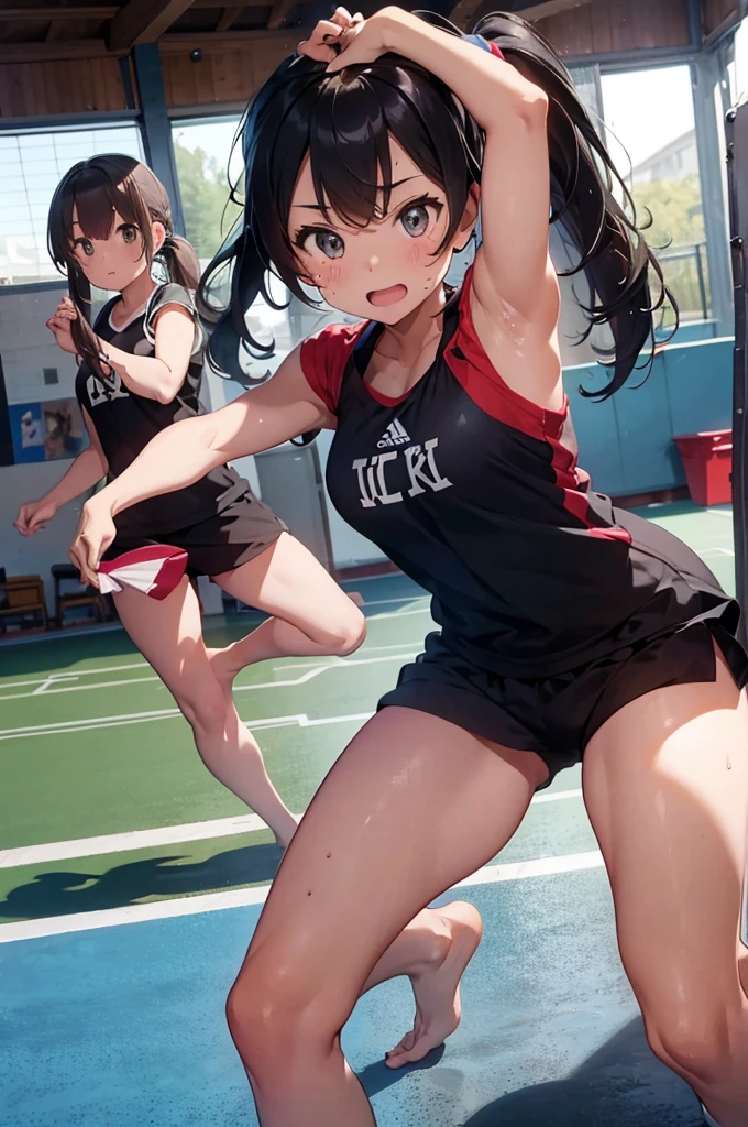 age girls in gym clothes on the court, they are extremely sweaty and smelly, They're barefoot