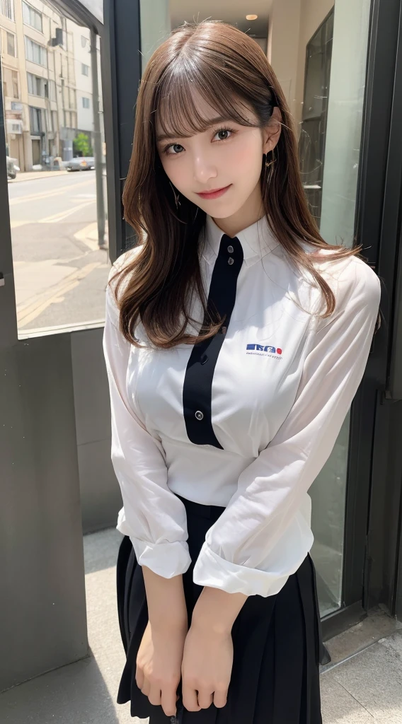 (Detailed skin:1.2),(Shiny skin:1.1),8K,Highest quality, masterpiece, Ultra-high resolution,(Realistic:1.4), RAW Photos,(Soft saturation:1.3),(Fair skin:1.2),Japanese Idols,repair,20 years, Light brown hair, (Long Hairstyles:1.2), Asymmetrical Hair, Asymmetrical bangs (Pretty face:1.4), (Big Breasts, Tight waist), Beautiful lighting, Small Head, (uniform:1.2,),Highly detailed face, Highly detailed lips, fine grain, double eyelid,(Full Body Shot), Browsing Caution, (Sharp focus: 1.2), (Perfect Anatomy、Beautiful woman with perfect figure: 1.2)、Random sexy poses,Accentuate the lines of your legs、smile