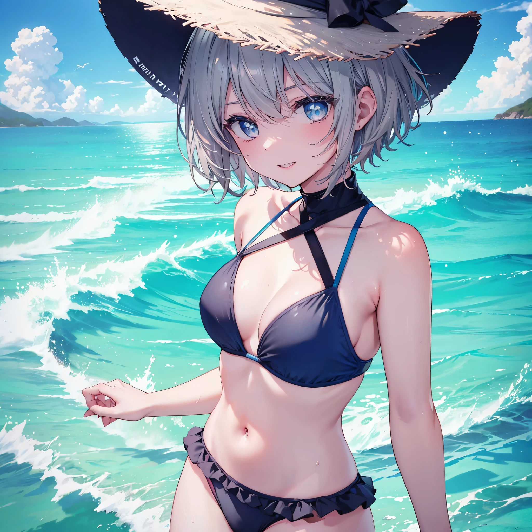 ((((Fluttering swimsuit　Ocean))))　(((Gray Hair　short hair　blue eyes　woman)))，((Splash　sun　cloud))，(Wearing a hat　black　smile)，　Showing teeth　Shining Background　Shining Edges