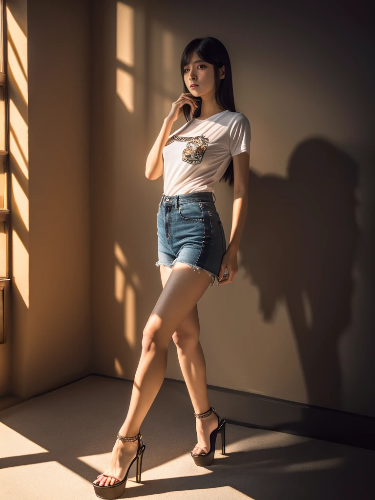 a tall 175 cm height 18 year old girl,wearing hot pants,transparent t-shirt,natural breasts,walking on ultra high heels for long distance,feeling pain in her toe and leg,detailed face and eyes,exquisite lighting,photorealistic,highly detailed,cinematic composition,dynamic pose,vibrant colors,dramatic shadows,masterpiece