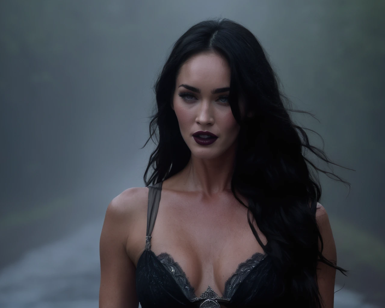 Megan_Fox,portrait, Soaked body, laughing, happy, Mystical woman, emerging from thick fog, surrounded by thick fog, covered in fog, pale skin, language, dark makeup, black lipstick, Dark Fantasy, horror atmosphere, black style, Very long hair, night, Dim backlight, I look at the viewer, gentle backlight, Complex hairstyle, midnight ,((muted colors, windy ,thick fog in the background)),full belly, looks at his belly, belly in focus, navel, lying on his stomach, focus on life, birth through the umbilical opening on the stomach, birth through the umbilical opening on the stomach, with a full belly, Were,long black eyelashes,, imprint on the stomach, convex, illustration, (Best quality, 4K, A high resolution, masterpiece:1.2), ultra detailed, realistic, horror, sharp focus, bright colors, Night lighting, burp of an object, movement lines,lies on the ground in pain,женская особь Фурри Лисица with a full belly, Were,long black eyelashes,