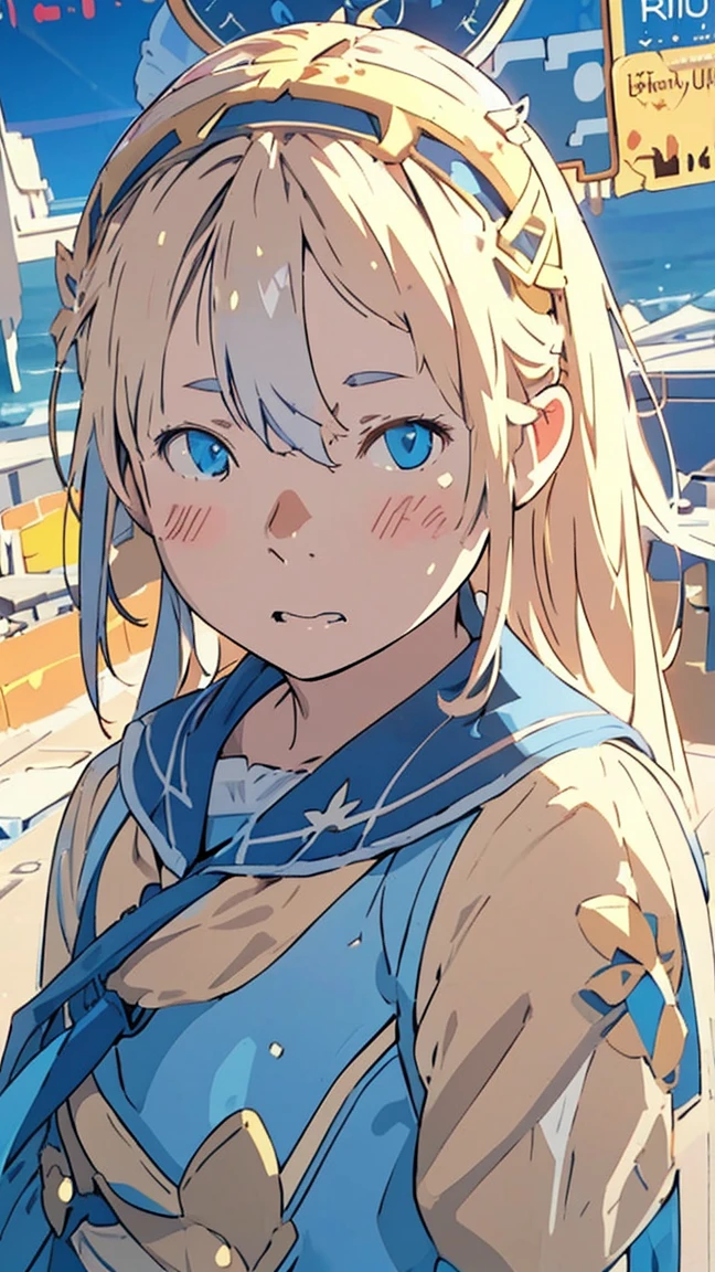 Shining sky blue eyes, Long blonde hair, Medium Chest, high school girl、uniform, barefoot, School Swimsuit, Inside the shell, (上面shape:1.2),(Surprised face:1.3), (blush:1.5), One Girl, alone,so beautiful, Highest quality, Great quality, curated, shape, Very detailed, Anime Coloring, Official Art、(Daylight Saving Time Render:2.0)