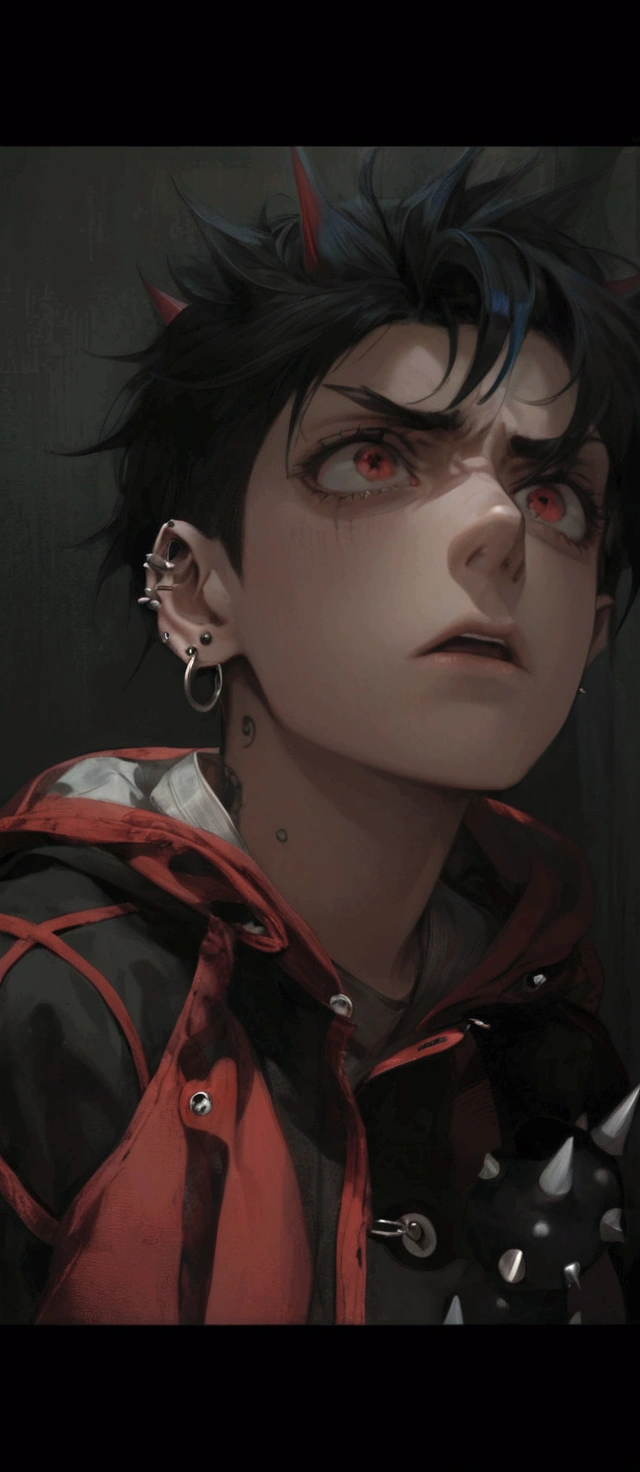 there is a woman with a red and black jacket and ear piercings, using spikes and piercings, piercing look, piercings e um moicano, androgynous face, with anxious and penetrating eyes, low quality photo, piercing de septo, boy face, aretes