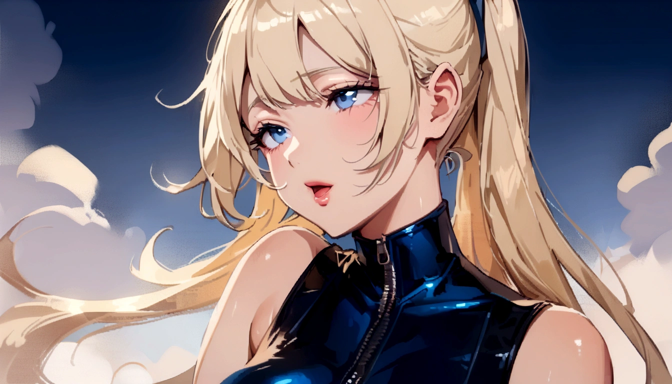 Blonde、、1 person、No sleeve、ahegao、ponytail、blondes、amount、Blue Leather Shirt、sara、No sleeve、best quality, super fine illustration,(((beautiful fine hair))),(((beautiful fine face))),(((beautiful fine background))),blue-black leather pants, silver zipper,belt below the waist,super fine illustration,(((beautiful fine hair))),(((beautiful fine face))),(((beautiful fine background))),normal small size,bangs bangs ,(((beautiful fine hair))),(((beautiful fine face))),(((beautiful fine background))),blond hair , showing forehead, silver center zipper, leather blue black bodysuit, sleevelesblue blacks, shiny, blondes ponytail