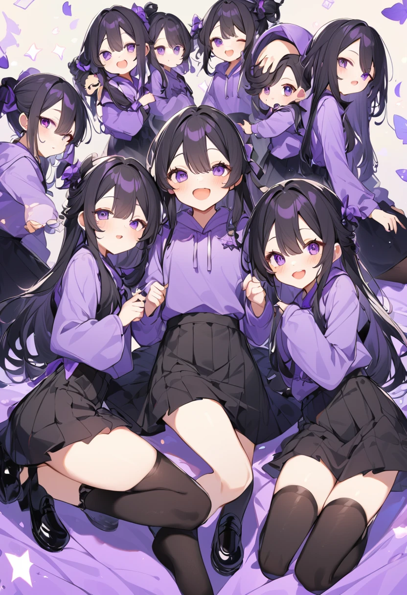 Keito。Purple hoodie。Black Skirt。Purple Eyes。Black Hair。Black shoes下。Black shoes。6 sistery eldest daughter has lavender hair.。all female。Sextuplets