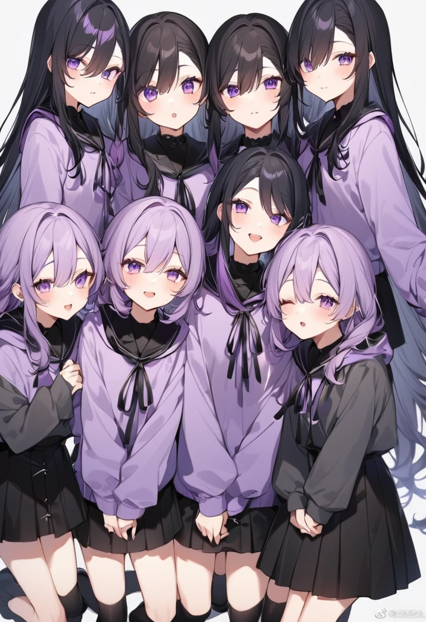 Keito。Purple hoodie。Black Skirt。Purple Eyes。Black Hair。Black shoes下。Black shoes。6 sistery eldest daughter has lavender hair.。all female。Sextuplets