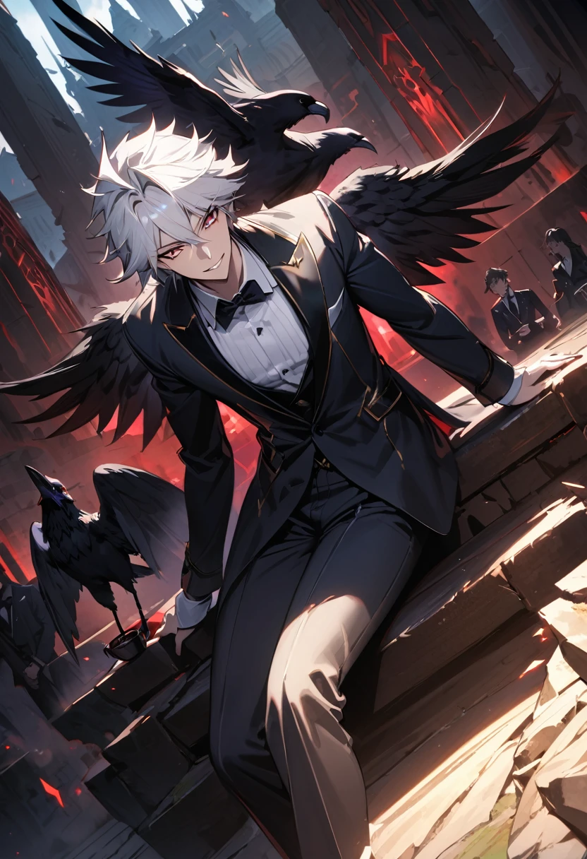 (best quality, masterpiece, ultra highres, ultra-detailed:1.2) ,Mastema the male angel,handsome face,with demonic legions,black wings like a crow,white hair, demonic tuxedo,sit and drinking cup of tea,nihil smile,devil's temple,(crow:1.2),fantastic atmosphere,magnificent,dynamic angle,