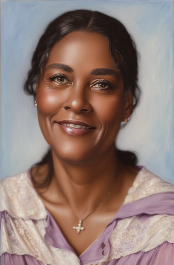 there is a woman who is smiling and posing for a photo, detailed colorized portrait, colorized portrait, realistic restored face, detailed portrayal, a colorful photo, digitally painted, colorful photo, true-to-life portrayal, painted portrait, restored color, inspired by Lois Mailou Jones, Highly detailed portrait photography, still detailed portrait, highly detailed portrayal, matte painting digital, photo true-to-life portrayal