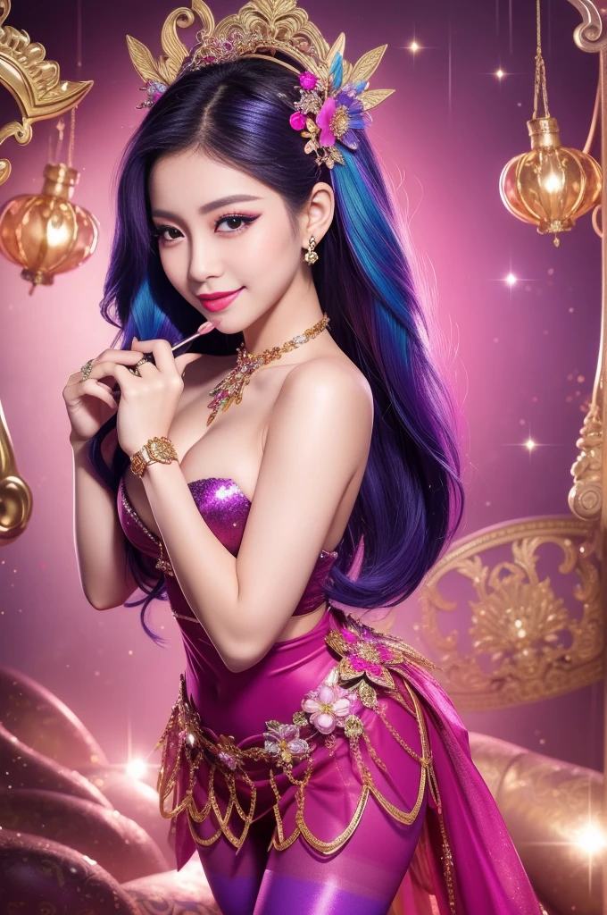 sexy Thai model who controls poison、beautiful smile、lipgloss、bold lipstick、long lashes, metallic makeup、look at the camera、full body Esbian、、sparkling poisoned flower costume、、、、sparkling Colorful hair、secrete poison、skull hair accessories、sexy tights、shiny sparkling flowers background
