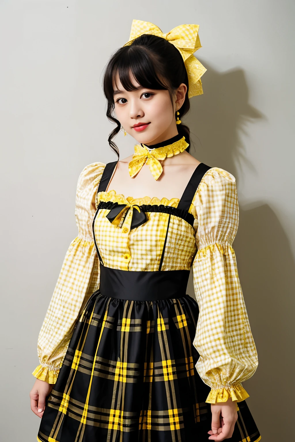 A black lolita dress with lots of small yellow plaid details.
With black gloves and leggings with yellow details.
The sleeves are open like a yukata, not adjusted anywhere The neckline that is not, let it be a closed collar with a choker attached to the neckline itself Name of the plaid fabric: little yellow painter.