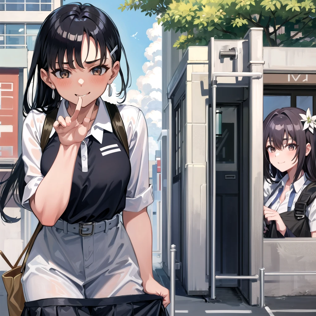 ((best quality)), ((masterpiece)), (details), one girl, sexy ((best quality)), ((masterpiece)), (details), one girl, sexy ((best quality)), ((masterpiece)), (details), one girl, full body, sexy expensive body, expensive, long legs, mature woman, mature, adult, it_nagatoro_main, Nagatoro Hayase, one girl, blushing, alone, uniform polo shirt, black hair, bag, brown eyes, hair accessory, looking at viewer, hair clip, outdoors, backpack, smiling, long hair, dark skinned woman, dark skin, , bangs, daytime, skirt, collared shirt, collarbone, ear clip, mouth closed, tree, asymmetrical bangs, upper body