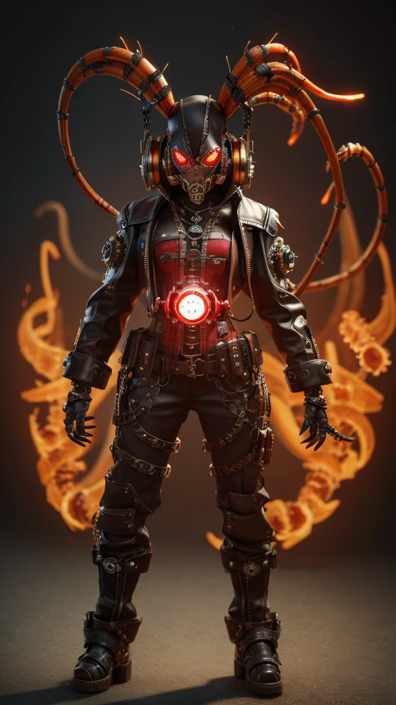 3D rendering, toy, steampunk style, tarantula, skull head, countless poisonous snakes wriggling around the head, translucent, four glowing red eyes, monster, powered suit, villain cyborg, invader, toxic substance, full body image, digital image.