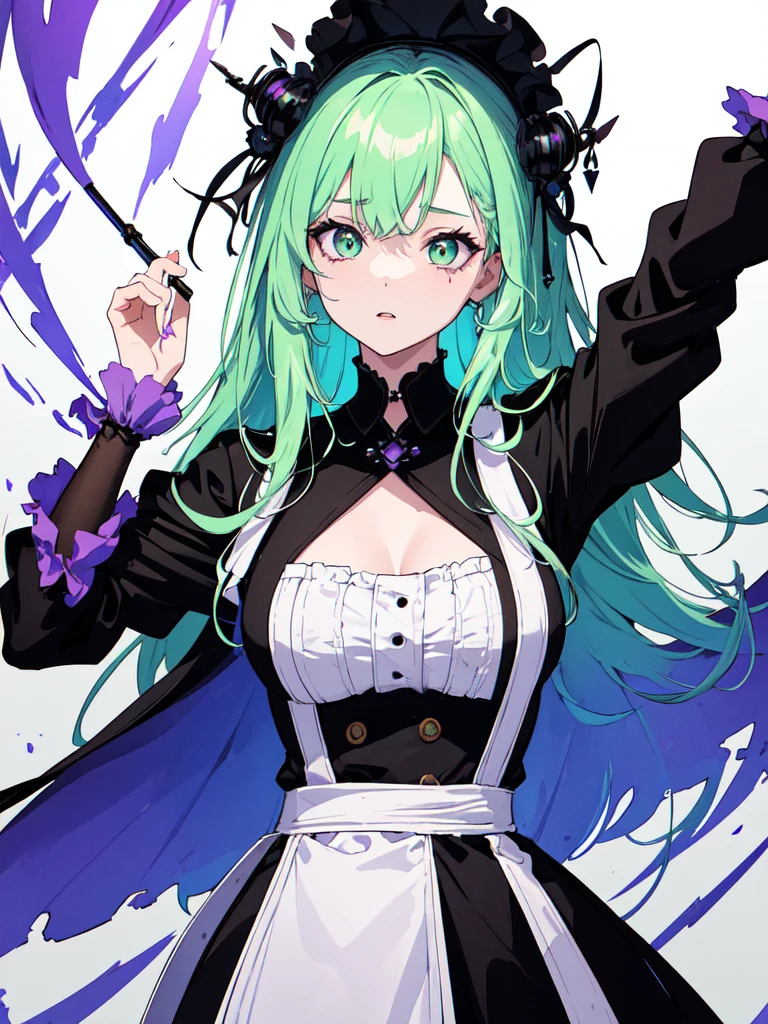 A bad looking person with white eyes, whole body絵, She is wearing a maid uniform and the background is a dark and desolate landscape., Horror movie atmosphere. Her figure is extremely beautiful, Emphasizing the dark and crazy elements. Skillfully expressing the effects of light and shadow, detailed, The face and expression of the black costume are also carefully drawn..., Artistic elements add depth to the work. The overall atmosphere is creepy and nightmarish..., With a unique artistic touch. This movie is、The dark and crazy world of horror movies depicted in HD., Evoke visual stimuli and aesthetic sense, It will terrify and excite the audience....,sketch (Character design sheet, same characters, whole body, Three-View, front, ~ ~ ~ side, return) and watercolor画, （Gradient braided hair, (Ink blotches:1.1), (pale:1.2),(Light purple:1.2),(Light green:1.2)　and a mature face,tall, Wearing black tights,Green Eyes, The skin is hidden　and 1 female, Nervous,Cowboy Shot,,(Very bright:1.1), White Background, [1 Girl:7], (Tilt your head:1.2), ([sketch|watercolor \(Moderate\)]:1.15),Chaotic Abstract Background, Vector Trace, Gradient Blending, Bright colors, that&#39;wonderful, 非常にdetailed, Complex, (Very low contrast:1.4)