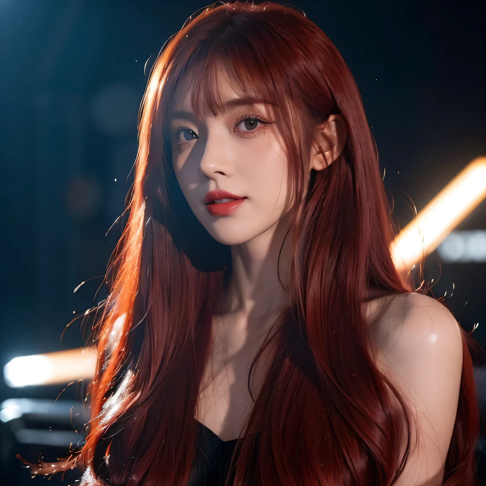 red hair, blunt bangs, bangs, long hair, hair spread out, straight hair, shiny hair, glowing eyes, longeyelashes, amber eyes, makeup, evil smile, blush, fangs, Surrealism, chiaroscuro, cinematic lighting, silhouette, drop shadow, UHD, masterpiece, anatomically correct, super detail, highres, best quality