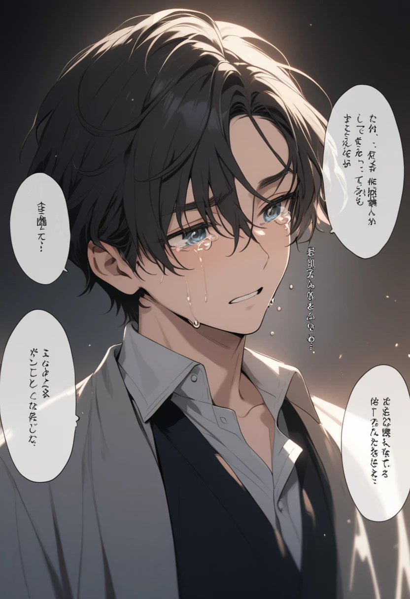 When the young man had tears flowing , There&#39;s a flame in his hand. , black hair ,