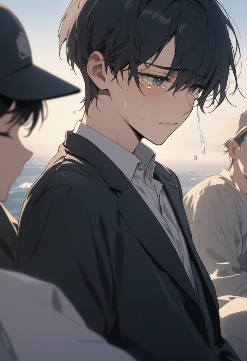 When the young man had tears flowing , There's a flame in his hand. , black hair ,