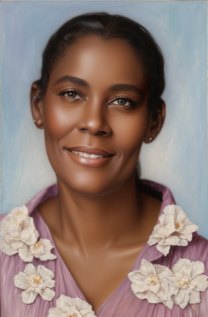 there is a woman who is smiling and posing for a photo, detailed colorized portrait, colorized portrait, realistic restored face, detailed portrayal, a colorful photo, digitally painted, colorful photo, true-to-life portrayal, painted portrait, restored color, inspired by Lois Mailou Jones, Highly detailed portrait photography, still detailed portrait, highly detailed portrayal, matte painting digital, photo true-to-life portrayal