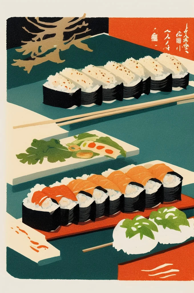 
Illustration: simple woodblock printing style sushi sushi counter Japanese sushi master While placing the suli on the plate There is no signature of the artist.