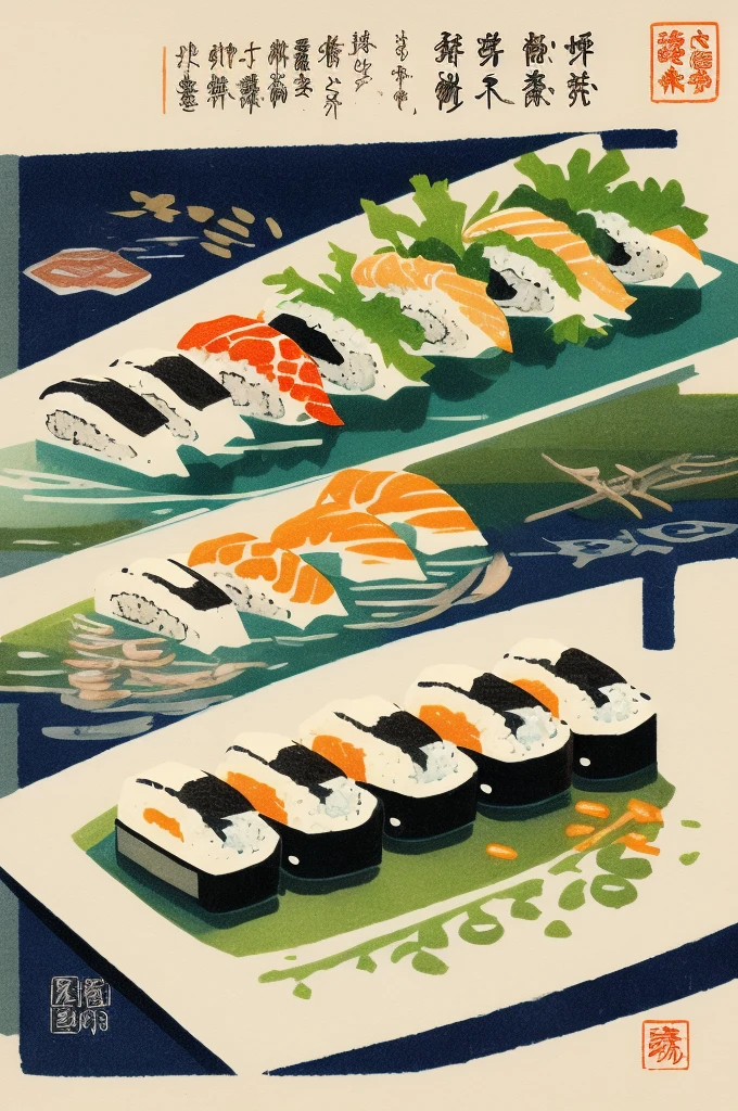 
Illustration: simple woodblock printing style sushi sushi counter Japanese sushi master While placing the suli on the plate There is no signature of the artist.