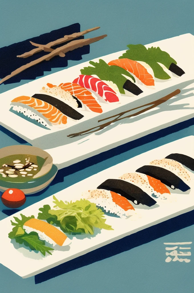 
Illustration: simple woodblock printing style sushi sushi counter Japanese sushi master While placing the suli on the plate There is no signature of the artist.