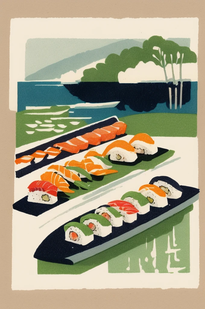 
Illustration: simple woodblock printing style sushi sushi counter Japanese sushi master While placing the suli on the plate There is no signature of the artist.