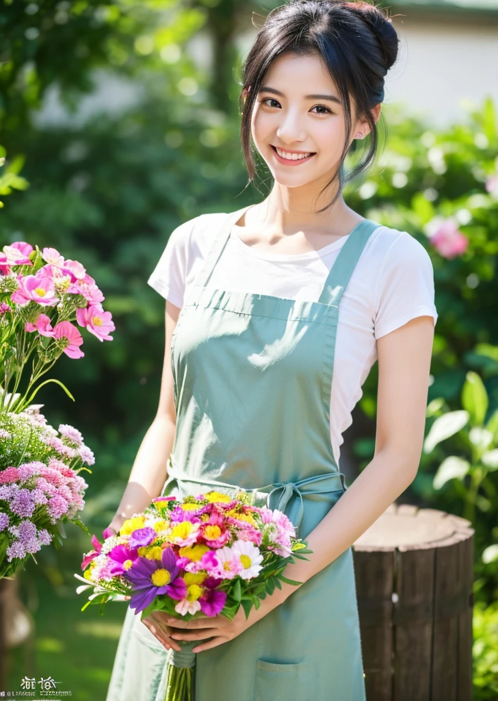 (Realistic, photo-Realistic:1.37),(8K, RAW Photos, Highest quality, masterpiece:1.2), cute, Ultra-detailed, 超High resolution, コダックビジョンColor, Filmed with an Arricam LT camera,Highest quality, Lively, 8K, High resolution, 1 girl, Escape, (Professional Lighting), (Portraiture:0.6), Black Hair, (Medium Hair),22 years old、loristさん、Wear an apron、Make a bouquet、Florist、Surrounded by lots of flowers、smile、Bun Head、Upper Bodylower Hair Ornaments、Watering the flowers、Color、Cosmos、