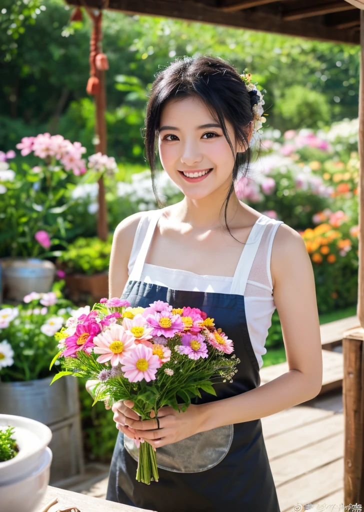 (Realistic, photo-Realistic:1.37),(8K, RAW Photos, Highest quality, masterpiece:1.2), cute, Ultra-detailed, 超High resolution, コダックビジョンColor, Filmed with an Arricam LT camera,Highest quality, Lively, 8K, High resolution, 1 girl, Escape, (Professional Lighting), (Portraiture:0.6), Black Hair, (Medium Hair),22 years old、loristさん、Wear an apron、Make a bouquet、Florist、Surrounded by lots of flowers、smile、Bun Head、Upper Bodylower Hair Ornaments、Watering the flowers、Color、Cosmos、