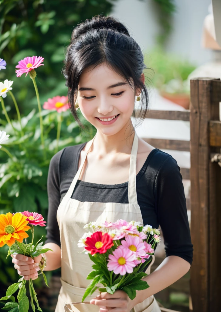 (Realistic, photo-Realistic:1.37),(8K, RAW Photos, Highest quality, masterpiece:1.2), cute, Ultra-detailed, 超High resolution, コダックビジョンColor, Filmed with an Arricam LT camera,Highest quality, Lively, 8K, High resolution, 1 girl, Escape, (Professional Lighting), (Portraiture:0.6), Black Hair, (Medium Hair),22 years old、loristさん、Wear an apron、Make a bouquet、Florist、Surrounded by lots of flowers、smile、Bun Head、Upper Bodylower Hair Ornaments、Watering the flowers、Color、Cosmos、