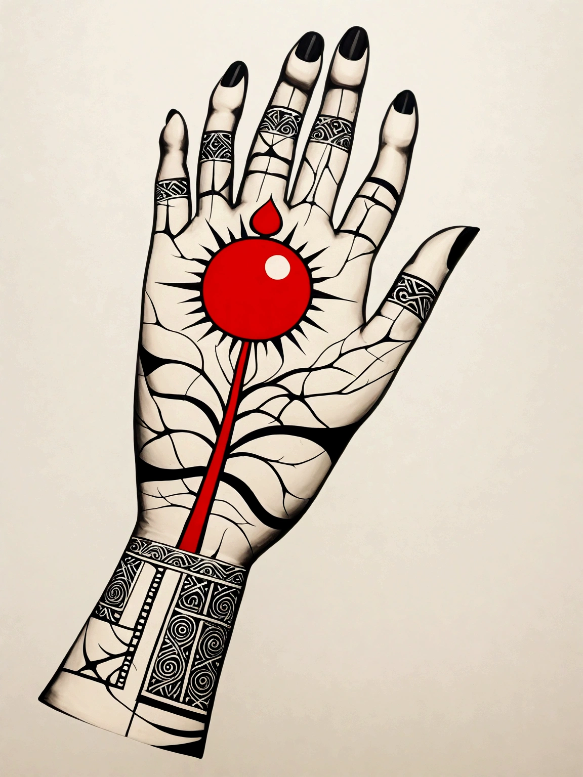 image of ŠU, depicted as a hand without mutation, designed as a black and white sticker with red accent elements on a white background. The hand is shown in a strong and protective pose, with intricate details highlighting its fingers and palm. Traditional Mesopotamian patterns and cuneiform inscriptions are integrated into the hand's surface, emphasizing its role as a symbol of strength and protection. The background includes elements such as stylized waves and geometric shapes, adding depth and context to the design. The overall design is in black and white, with deep blacks and bold contrasts, while red accents highlight key elements such as the cuneiform symbols and specific parts of the hand. The composition follows the golden ratio, ensuring a balanced and harmonious depiction of the powerful and protective design, creating a bold and dynamic yet elegant tattoo design. Note: The term 'golden ratio' refers to the composition and does not imply the use of gold color on the sticker.