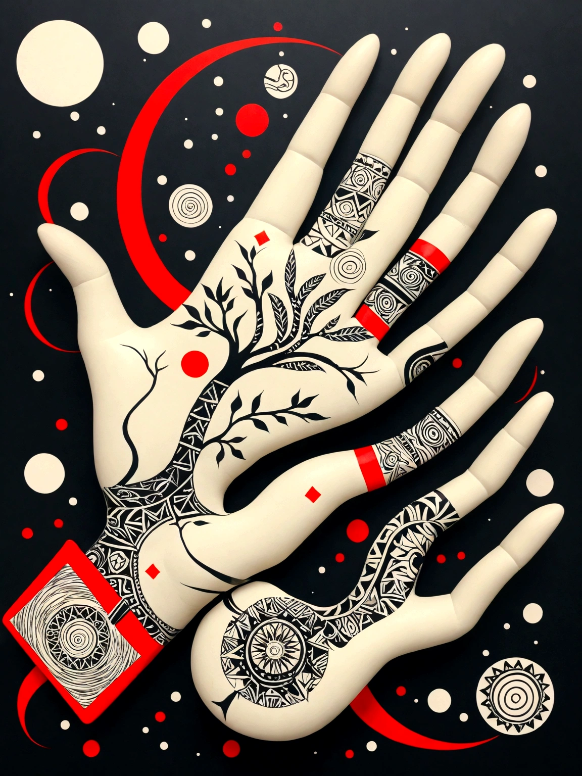 image of ŠU, depicted as a hand without mutation, designed as a black and white sticker with red accent elements on a white background. The hand is shown in a strong and protective pose, with intricate details highlighting its fingers and palm. Traditional Mesopotamian patterns and cuneiform inscriptions are integrated into the hand's surface, emphasizing its role as a symbol of strength and protection. The background includes elements such as stylized waves and geometric shapes, adding depth and context to the design. The overall design is in black and white, with deep blacks and bold contrasts, while red accents highlight key elements such as the cuneiform symbols and specific parts of the hand. The composition follows the golden ratio, ensuring a balanced and harmonious depiction of the powerful and protective design, creating a bold and dynamic yet elegant tattoo design. Note: The term 'golden ratio' refers to the composition and does not imply the use of gold color on the sticker.