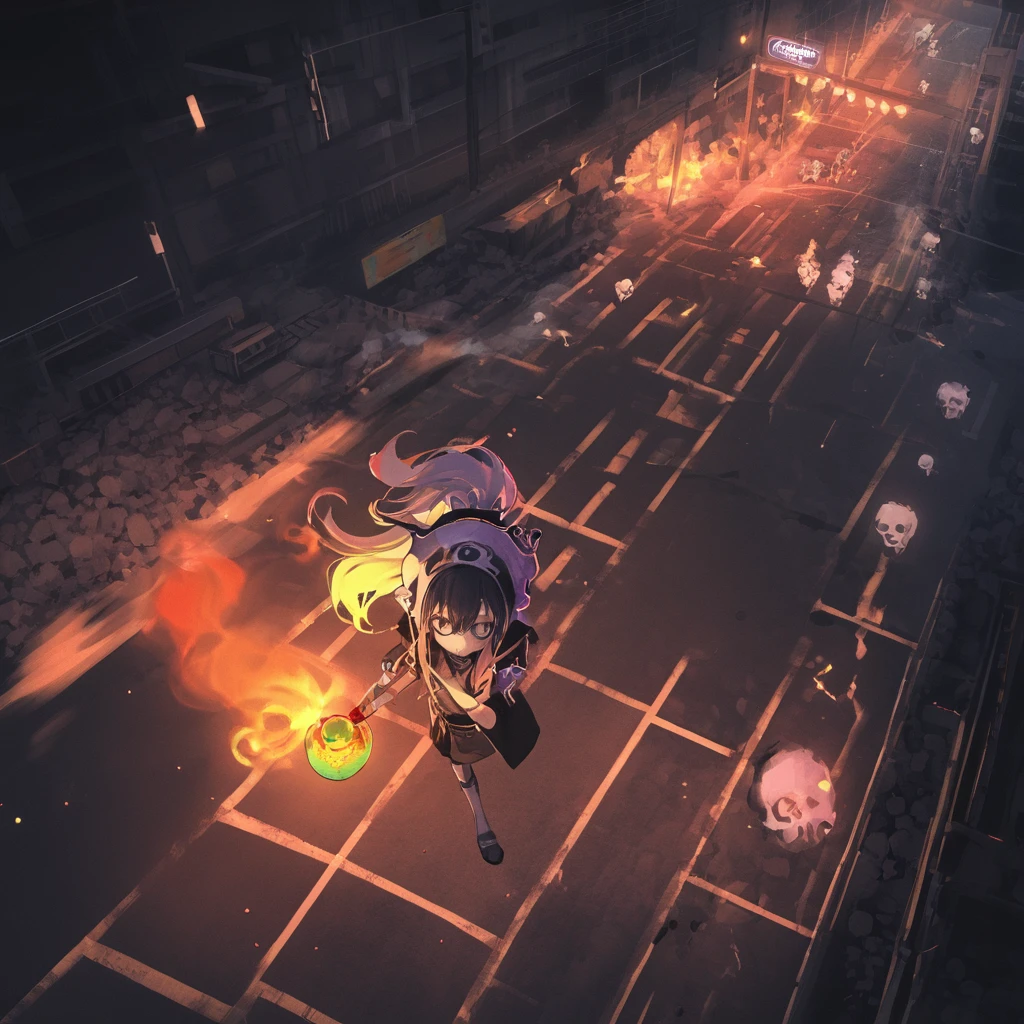 score_9, score_8_above, score_7_above, black light, skull with fire on the head, dynamic pose, lines of movement, (holding bright potion:1.3), roads, Alone, has, bright, colorful smoke PonyXLV6_Scores