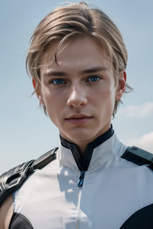 Detailed CG Unity 8K Wallpapers,masutepiece, Best Quality, Ultra-detailed, white background, a beautiful 25-year-old man with short dark-blond hair, short hair, blue eyes and pale skin, masculine posture