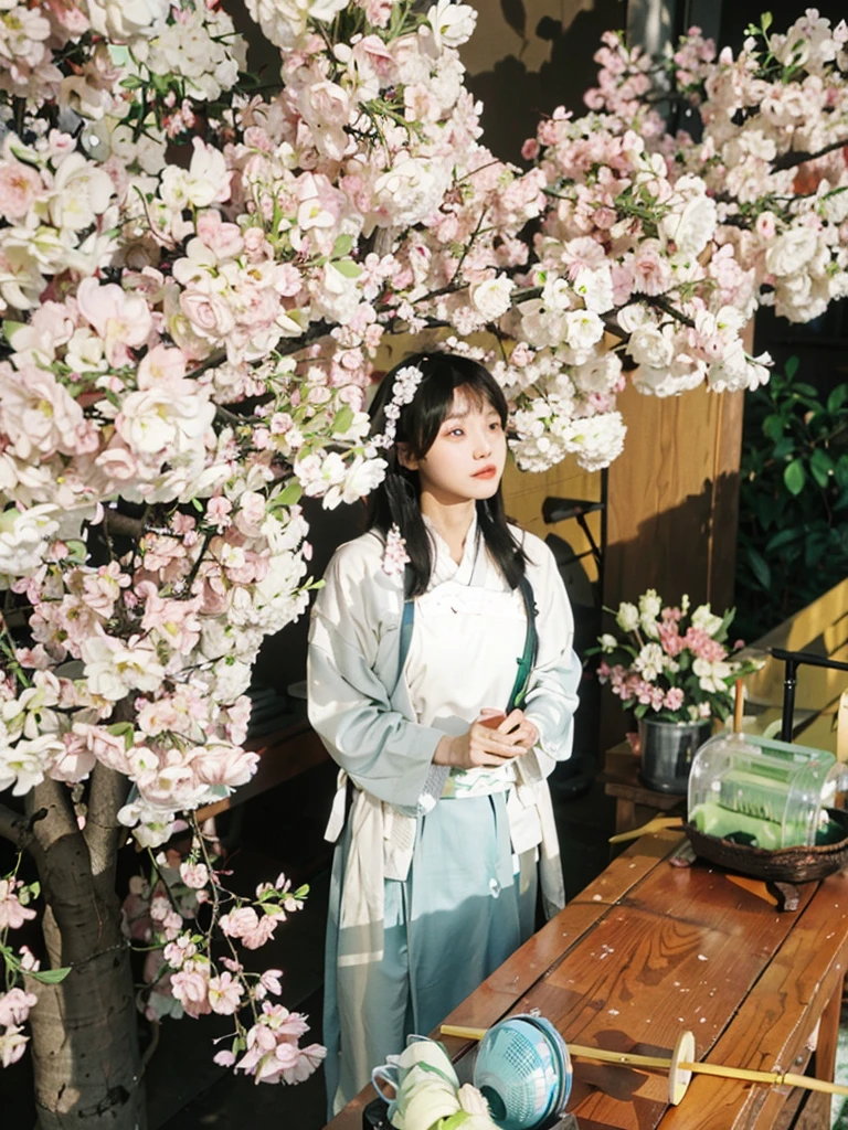 Hanfu style, 1 girl, Solitary, Black hair, black eyes, Looking at the audience, Bangs, Long hair, bow, shut your mouth, Bob Cut, Mini Wings, portrait, detached , cosmetic, Upper Body, Cherry Blossom Background