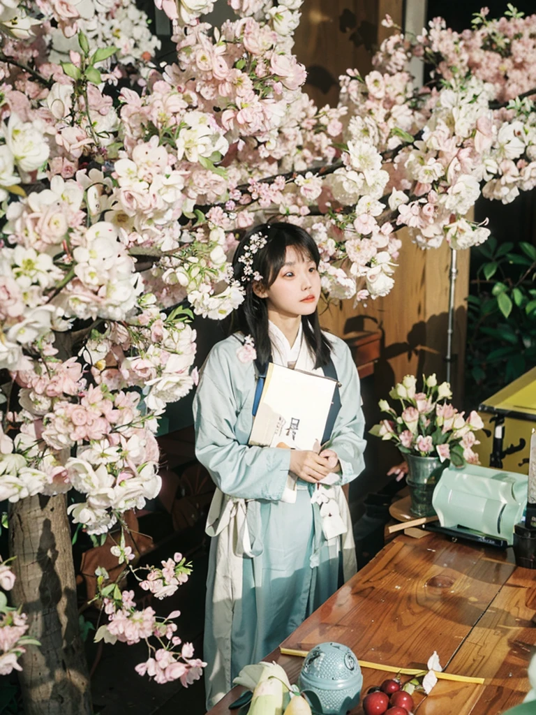 Hanfu style, 1 girl, Solitary, Black hair, black eyes, Looking at the audience, Bangs, Long hair, bow, shut your mouth, Bob Cut, Mini Wings, portrait, detached , cosmetic, Upper Body, Cherry Blossom Background