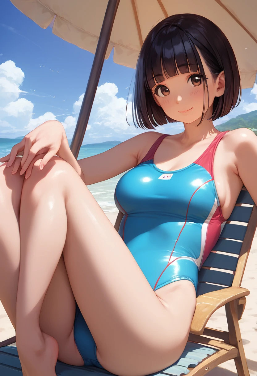score_9,score_8_up,score_7_up,masterpiece,best quality, source anime, realistic, super detailed, extreme detailed, rating_safe,
1girl, sitting on reclining chairs, (shaved ice), 
BREAK girl, 22yo, short hair, bob cut, (blunt bangs), black hair, (tareme, detailed cute brown eyes), curled eyelashes, (large breasts:0.9),
shiny hair, beautiful detailed eyes, beautiful face,
slender, small ass, slim legs,
one-piece swimsuit,  
blush, smile, 
outdoors, beach, beach house, summer, sky, 