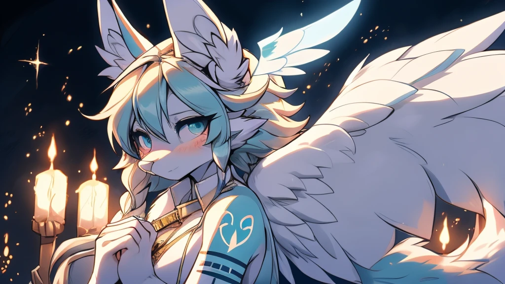 Miku Hatsune, add high definition_detail:1, blue fur,kitsune ears, tribal tattoo add_detail:1, in heaven add_detail, angelical girl, angel wigns add_detail, angelic yokai kitsune,