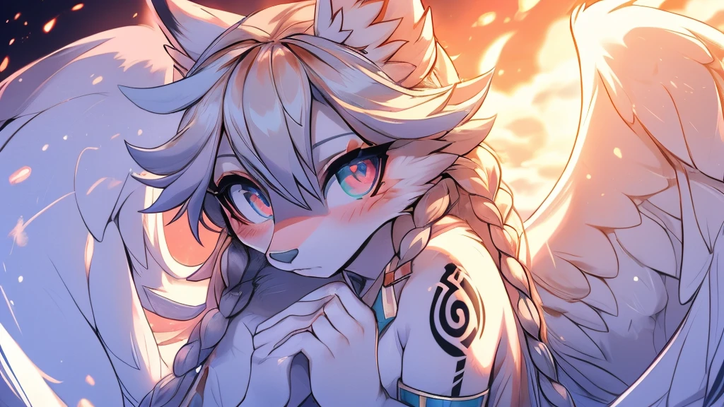 Miku Hatsune, add high definition_detail:1, blue fur,kitsune ears, tribal tattoo add_detail:1, in heaven add_detail, angelical girl, angel wigns add_detail, angelic yokai kitsune,