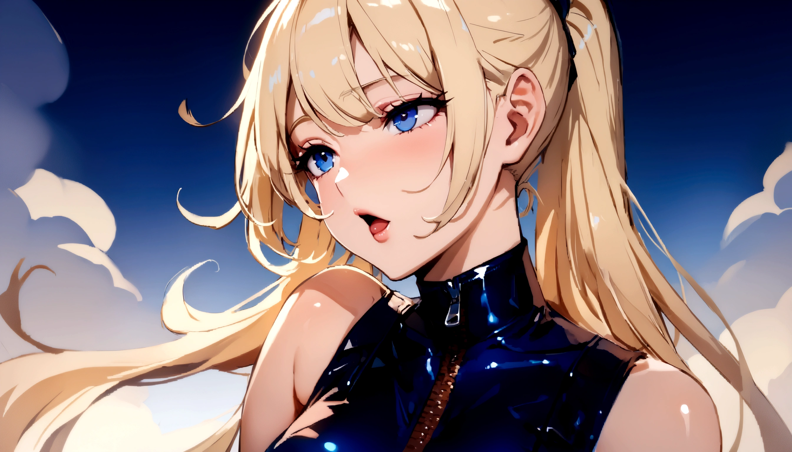 Blonde、、1 person、No sleeve、ahegao、ponytail、blondes、amount、Blue Leather Shirt、sara、No sleeve、best quality, super fine illustration,(((beautiful fine hair))),(((beautiful fine face))),(((beautiful fine background))),blue-black leather pants, silver zipper,belt below the waist,super fine illustration,(((beautiful fine hair))),(((beautiful fine face))),(((beautiful fine background))),normal small size,bangs bangs ,(((beautiful fine hair))),(((beautiful fine face))),(((beautiful fine background))),blond hair , showing forehead, silver center zipper, leather blue black bodysuit, sleevelesblue blacks, shiny, blondes ponytail
