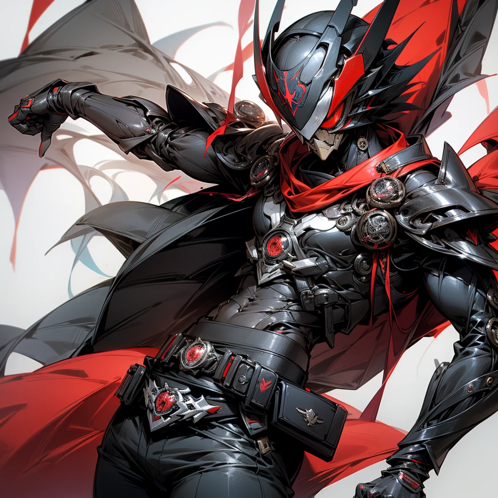 tmasterpiece,, Best quality at best, A high resolution, 1 man,Kamen Rider,Japanese Tokutsu style,Handsome Kamen Rider belt,Red and black Kamen Rider,Raven style elements, midriff,