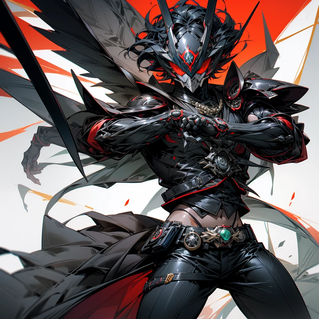 tmasterpiece,, Best quality at best, A high resolution, 1 man,Kamen Rider,Japanese Tokutsu style,Handsome Kamen Rider belt,Red and black Kamen Rider,Raven style elements, midriff,