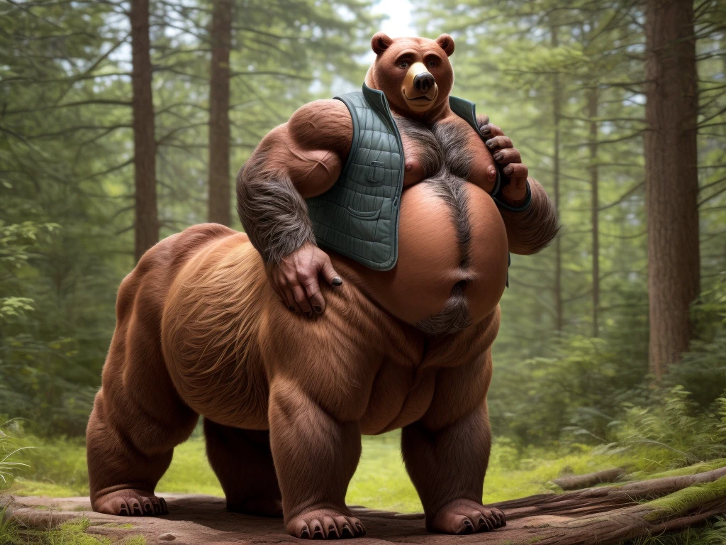 furry, fur taur, beartaur, middle-aged, 1man,  solo, LGBTQ_vest, vest, tear_open_vest, hairy, arm_hair, leg_hair, short_hair, old, old_man, pectorals, large_pectorals, detailed face, bear ears, bear eyes(brown), bear nose(black), bear mouth, garibaldi beard(grey), mature hair(grey), detailed arms, thick arms, muscular, muscular_male, nipples, navel, thick hands(5 fingers), detailed body belly, thick body, muscle belly(white), thick chest, chest hair(grey), detailed taur body, thick taur body, thick bear paws, thick bear tail, full body shot, standing in the woods