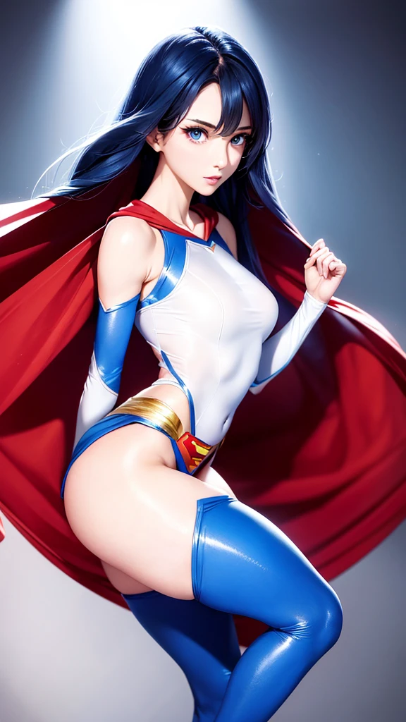 Superman costume。Beautiful Face。big eyes,Long eyelashes。High nose bridge。Beautiful clavicle。White and tender skin,Pointed chest。Thin waist and hips。Long legs and beautiful feet。Thighs exposed。Exposed shoulders。High resolution,Professional Lighting。High Detail。.