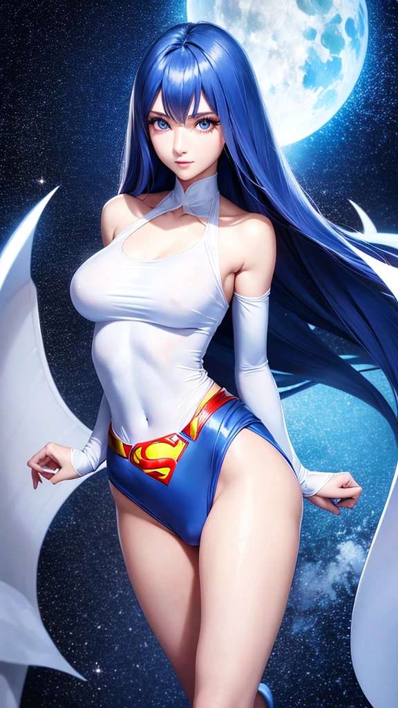 Superman costume。Beautiful Face。big eyes,Long eyelashes。High nose bridge。Beautiful clavicle。White and tender skin,Pointed chest。Thin waist and hips。Long legs and beautiful feet。Thighs exposed。Exposed shoulders。High resolution,Professional Lighting。High Detail。.