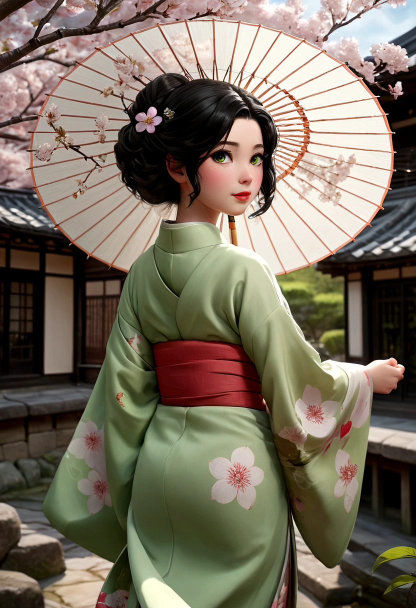 young 9-year-old daughter of severus snape,((highest quality)),(ultra high resolution),(Super detailed),(detailed description),((best CG)),(best work of art) ,black hair、radiant green eyes, wearing a kimono, Japanese garden in spring, cherry blossoms are blooming, big breasts, , back view, Looking back and looking at the viewer, The whole body is shown, dark, movie light effects, full shot, dutch roll, black hair, Sparkling eyes, blush, shy, red lips, Have a parasol , , , Make a smile with your fingers, comb your hair with your hands