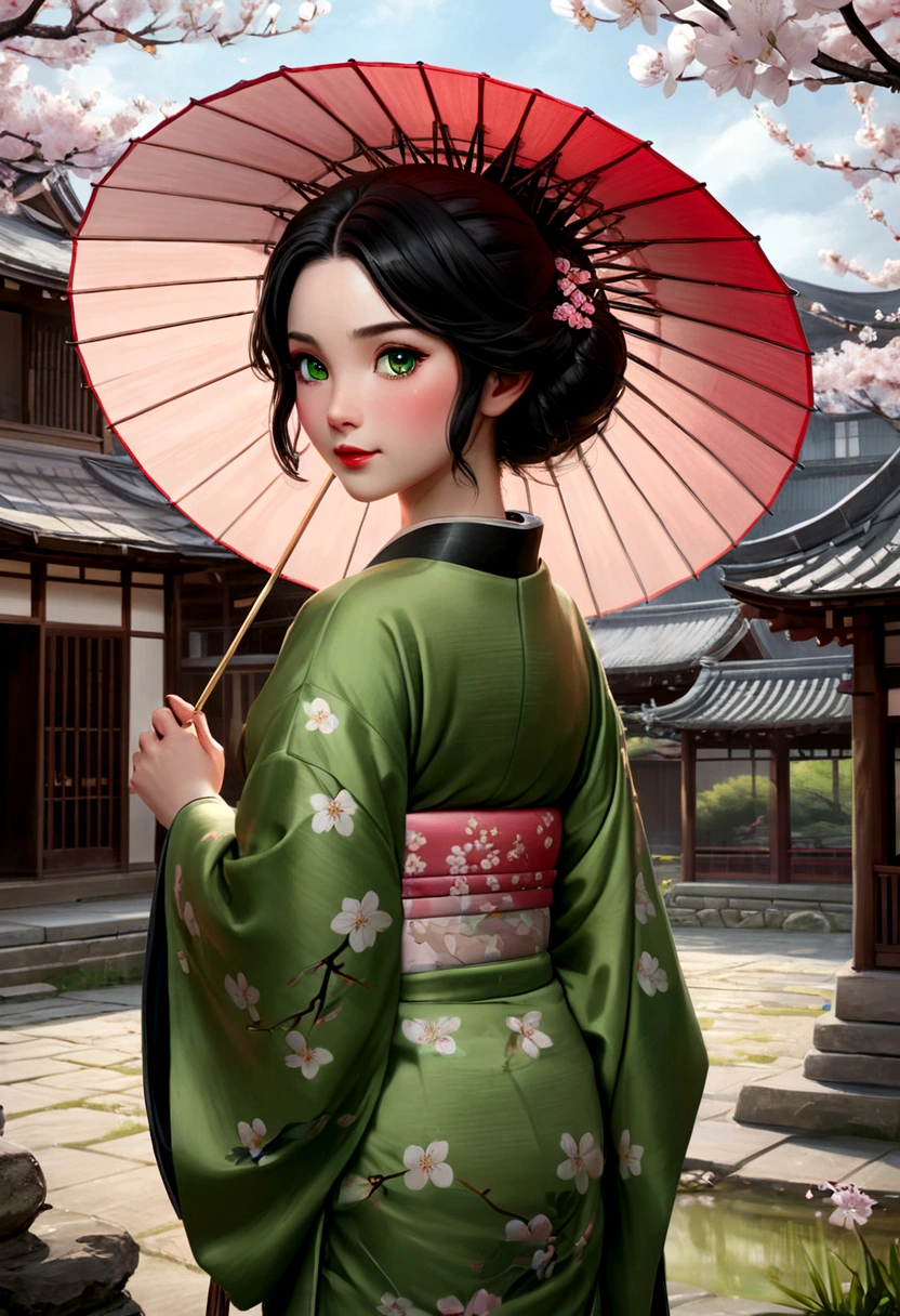 young 9-year-old daughter of severus snape,((highest quality)),(ultra high resolution),(Super detailed),(detailed description),((best CG)),(best work of art) ,black hair、radiant green eyes, wearing a kimono, Japanese garden in spring, cherry blossoms are blooming, big breasts, , back view, Looking back and looking at the viewer, The whole body is shown, dark, movie light effects, full shot, dutch roll, black hair, Sparkling eyes, blush, shy, red lips, Have a parasol , , , Make a smile with your fingers, comb your hair with your hands