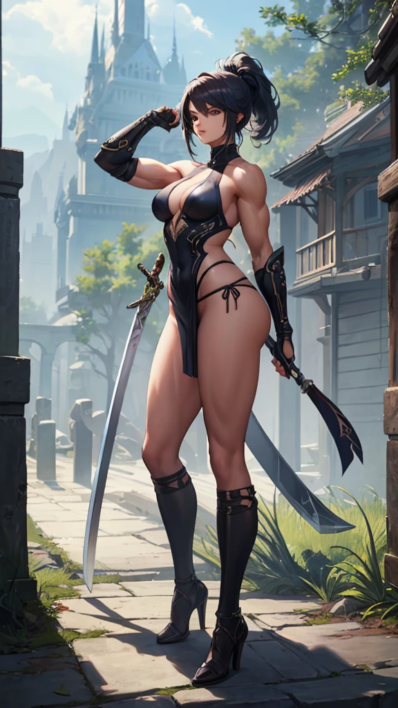 (masterpiece, 4K ,Super detailed:1.2), (anime:1), (Perfect quality), The whole body is shown, View Viewer, Holding a sword, ponytail, Muscular female warrior, Muscular and ultra violent women, Powerfully々And, epic swordsman, RPG concept art character