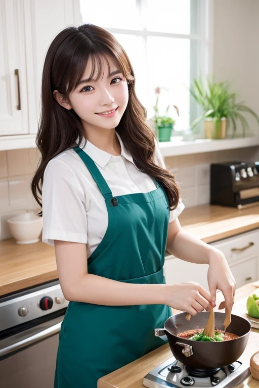 Produce the highest quality and highest resolution 8K images。Please draw the whole body of a 20 year old Japanese woman.。Please draw an image of yourself smiling and cooking in your kitchen at home.。She has brown eyes and a model figure.、She has an idol-level cute face.。The hair is wavy。What to wear、Shirt and apron。Skin has a healthy color。